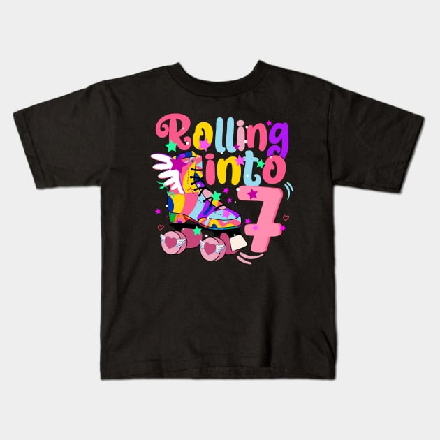 rolling into 7 - 7th birthday girl roller skates theme party Kids T-Shirt by savage land 